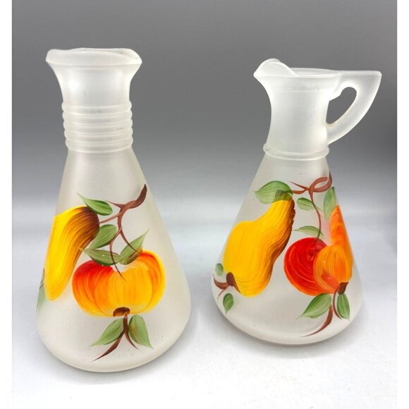 Vtg Hand Painted Gary Fad Frosted Glass Oil & Vinegar Bottle Fruit Design‎ Cruet - Picture 1 of 6